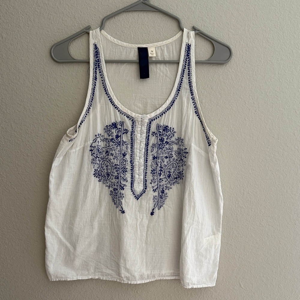 Embroidered White and Blue Women's Top